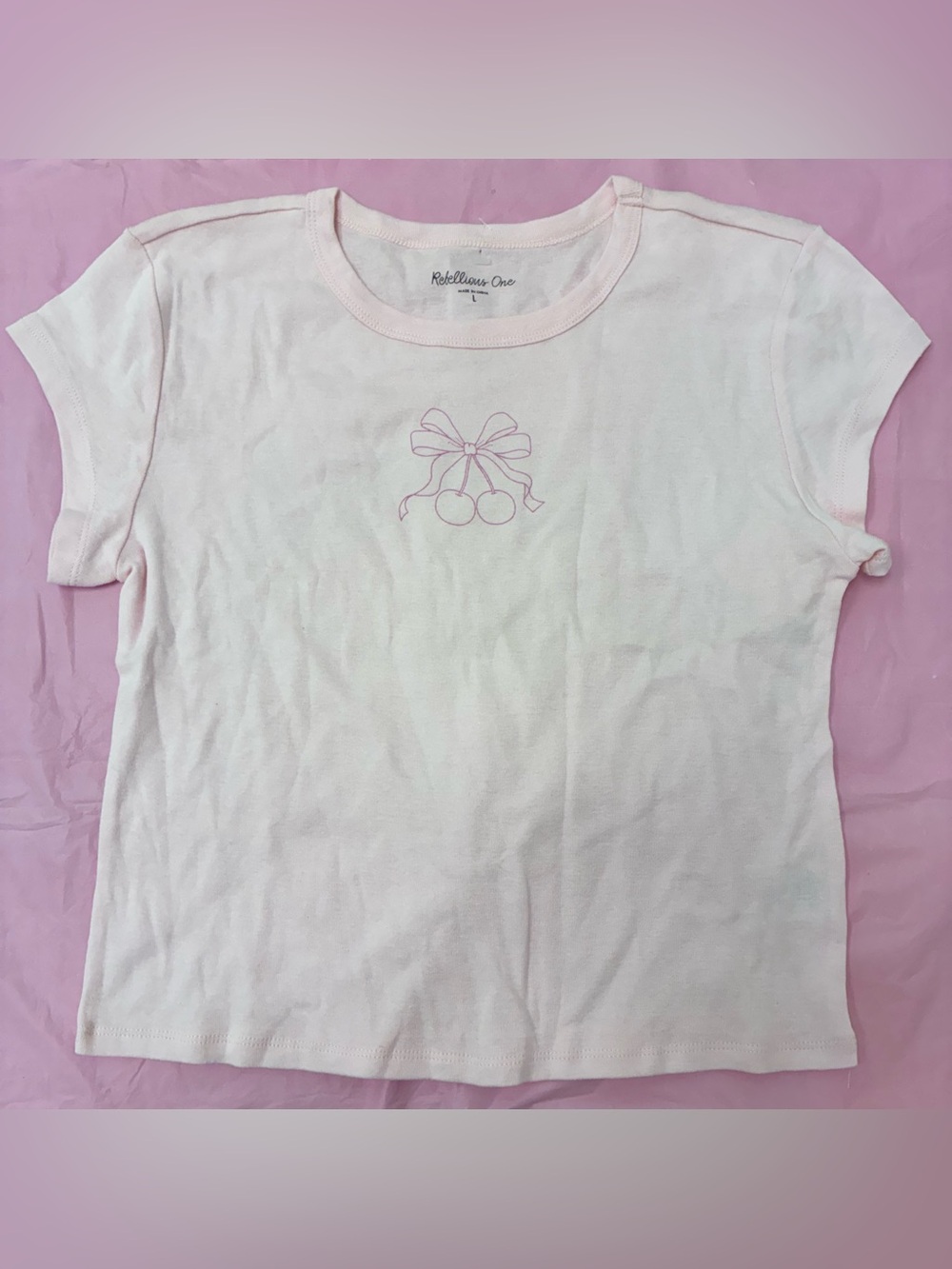 Rebellious One Women’s Light Pink Cherry Tee Shirt Top Bow Pinup NWT Sz L